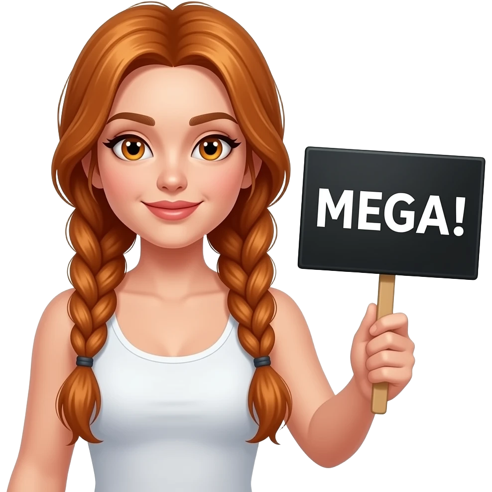 sexy girl with long ginger braids and ginger eyes wearing a white tanktop is holding a black sign with MEGA! written on it emoji