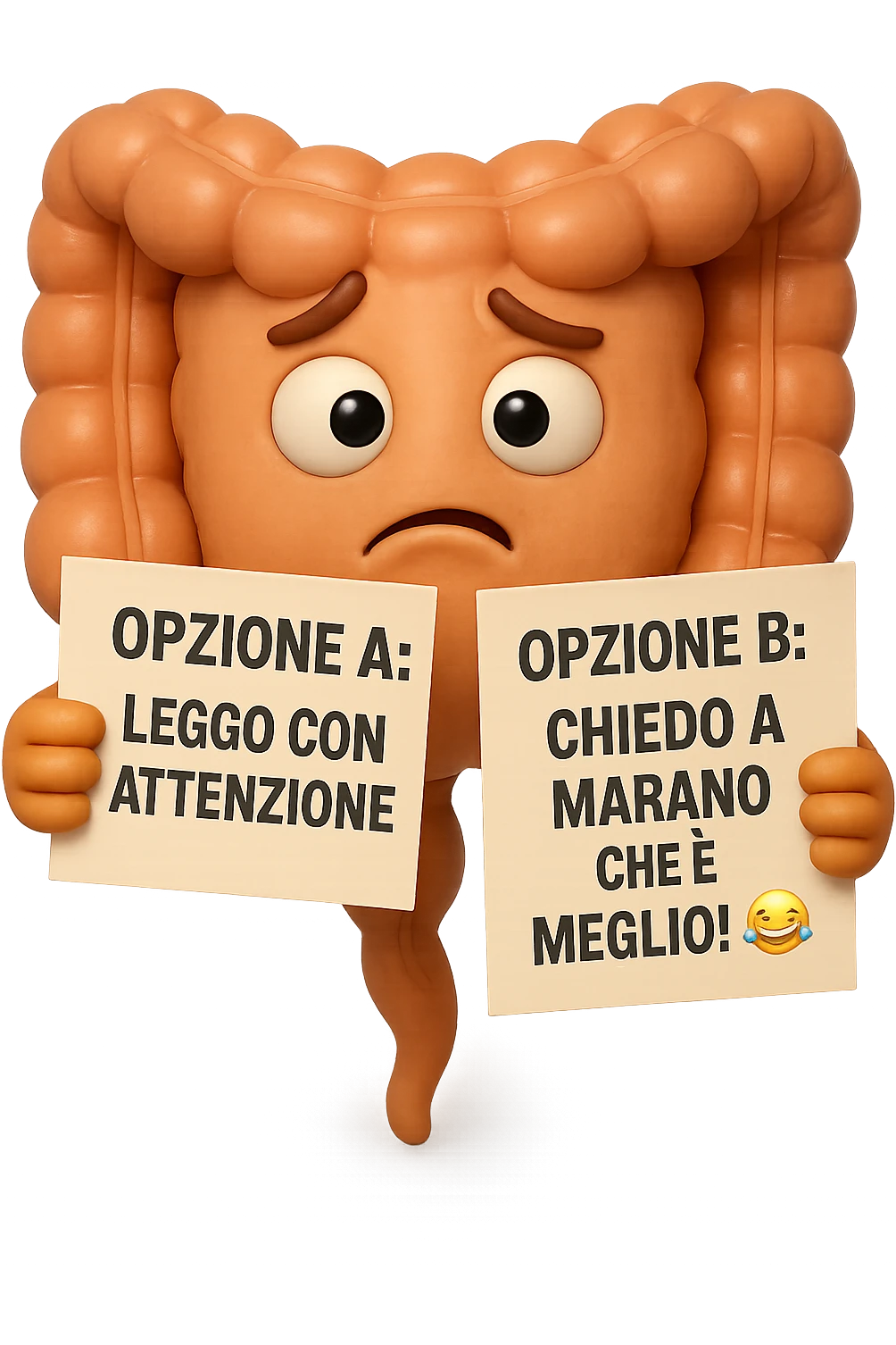 SU QUESTO STILE FAI UN EMOJI STILE IPHONE 3D DI UN INTESTINO CHE HA nella mano destra "OPZIONE A: LEGGO CON ATTENZIONE" E NELLA MANO SINISTRA" OPZIONE B: CHIEDO A MARANO CHE è MEGLIO! (METTICI UNO SMILE CON RISATE QUI)", FAGLI UN ESPRESSIONE CONFUSA MENTRE GUARDA L'OPZIONE A E FALLO MOLTO REALISTICO IN 3D emoji