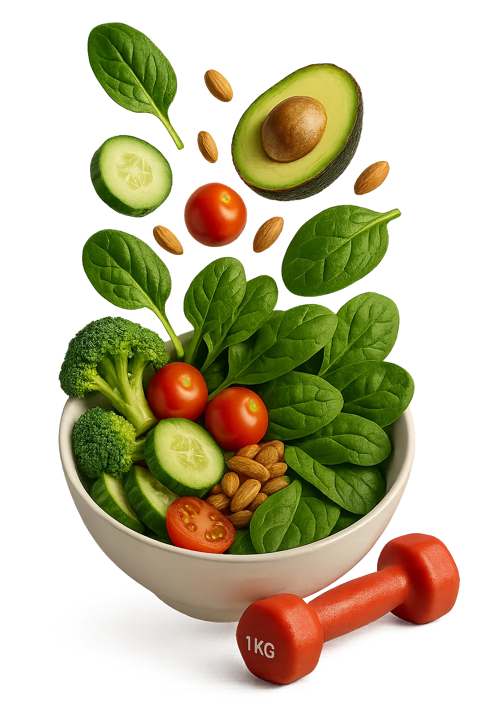 bowl bianca con cibo sano che cade dall'alto insieme a piccoli manubri da palestra in 3d, iperrealistica 4k emoji