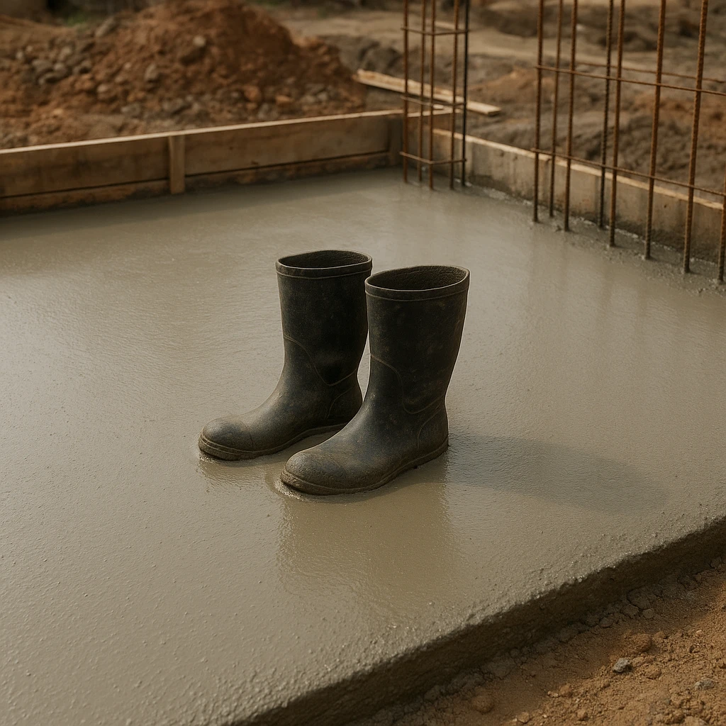 На строительной площадке видно застывший влажный бетон, он ровный и аккуратный залит как фундамент. В центре — пара старых резиновых сапог, частично утонувших и застывших в цементе, будто кто-то случайно оставил их там emoji
