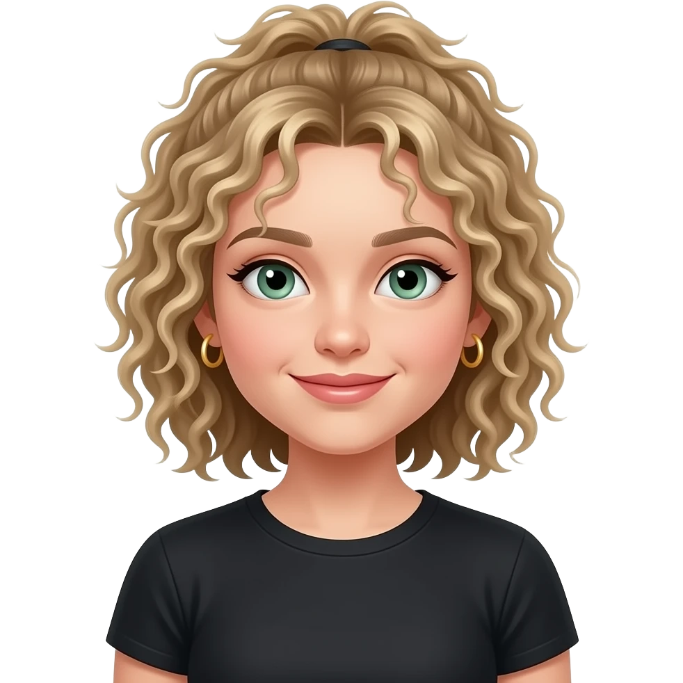 Create a fair girl with super curly hair and sage green eyes and curly dirty blonde hair, and give her gold small hoop earrings, curlier hair, and give her some lip gloss, and give her a black t shirt, and make her smile a little bit, and pull her hair back a little bit emoji
