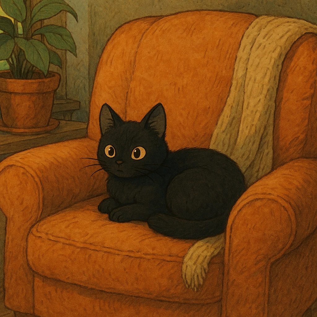 Black kitten cozy in a chair  emoji