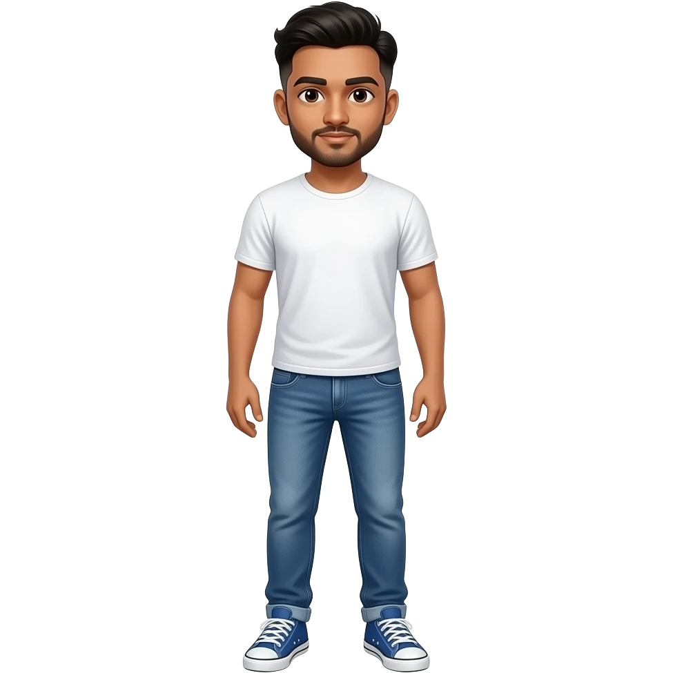 25 year old indian man fade hair cut wear white t-shirt denim jeans and blue sneakers emoji