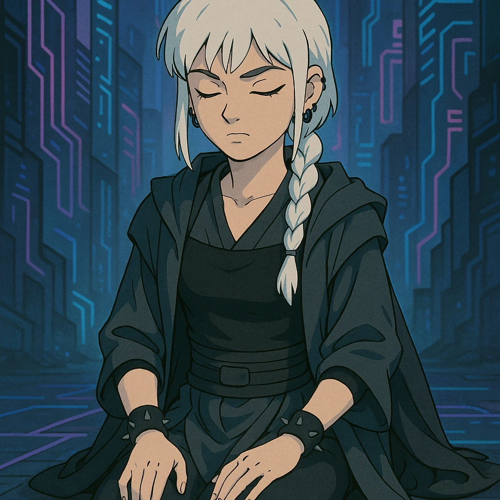  a closeup portrait of young woman with gold yellow eyes, white hair, long braid, black off-shoulder top, punk gothic style, futuristic cyberwave cyberpunk,  jedi attire, kneeling and gathering chi, jedi meditate, eyes closed hands at full rest emoji