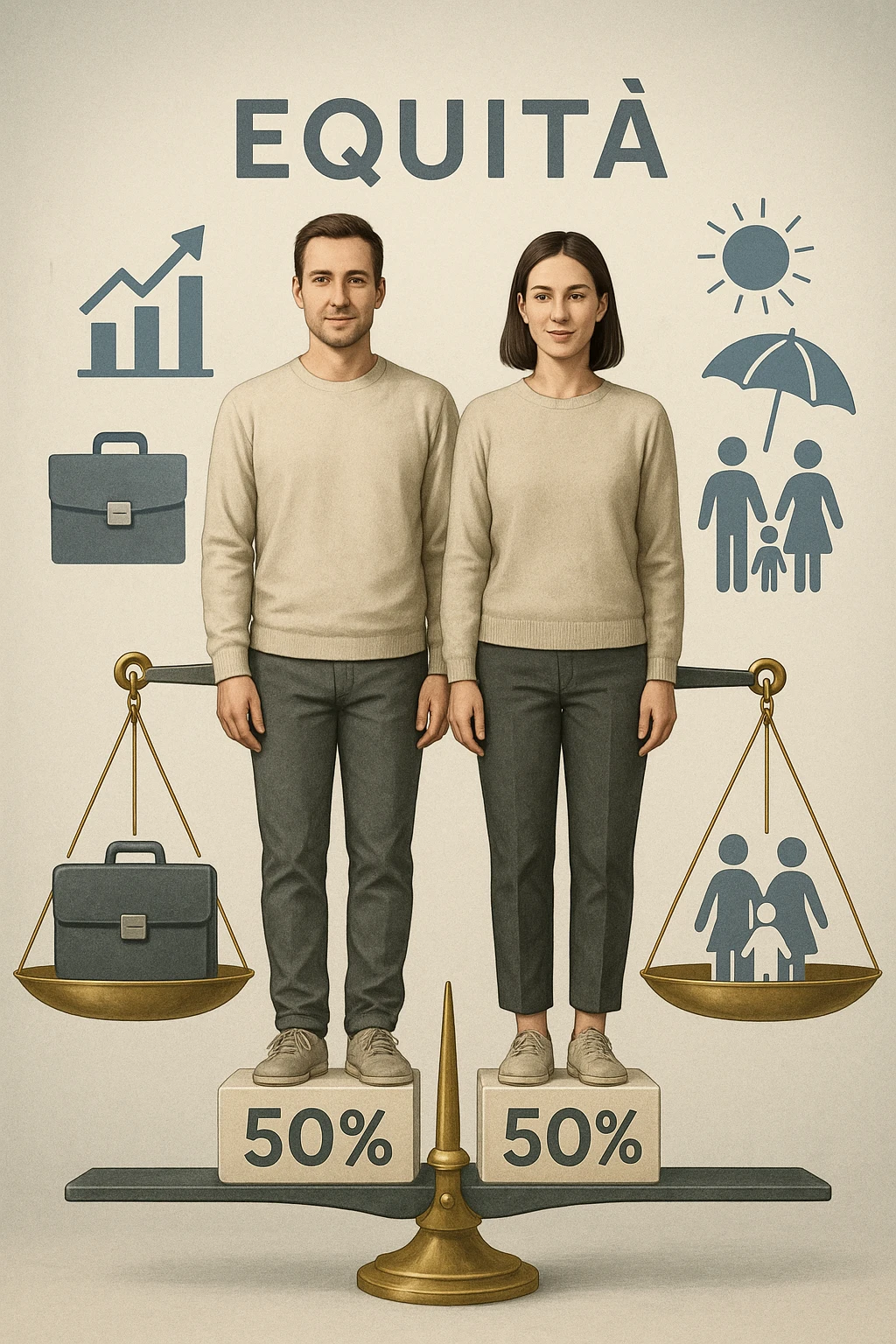 Uomo e donna in piedi l’uno accanto all’altra, al centro di una bilancia perfettamente in equilibrio. Entrambi vestiti in modo simile (moderno e neutro), con espressioni serene e rispettose. Sotto i loro piedi, due blocchi con scritto '50%' ciascuno. Sullo sfondo, elementi divisi simmetricamente: lavoro, famiglia, tempo libero, rappresentati equamente da entrambi. Atmosfera armoniosa, illuminazione equilibrata, colori neutri e simbolici (bianco, grigio, blu e oro). Stile realistico con accento simbolico sul concetto di equità in italiano emoji
