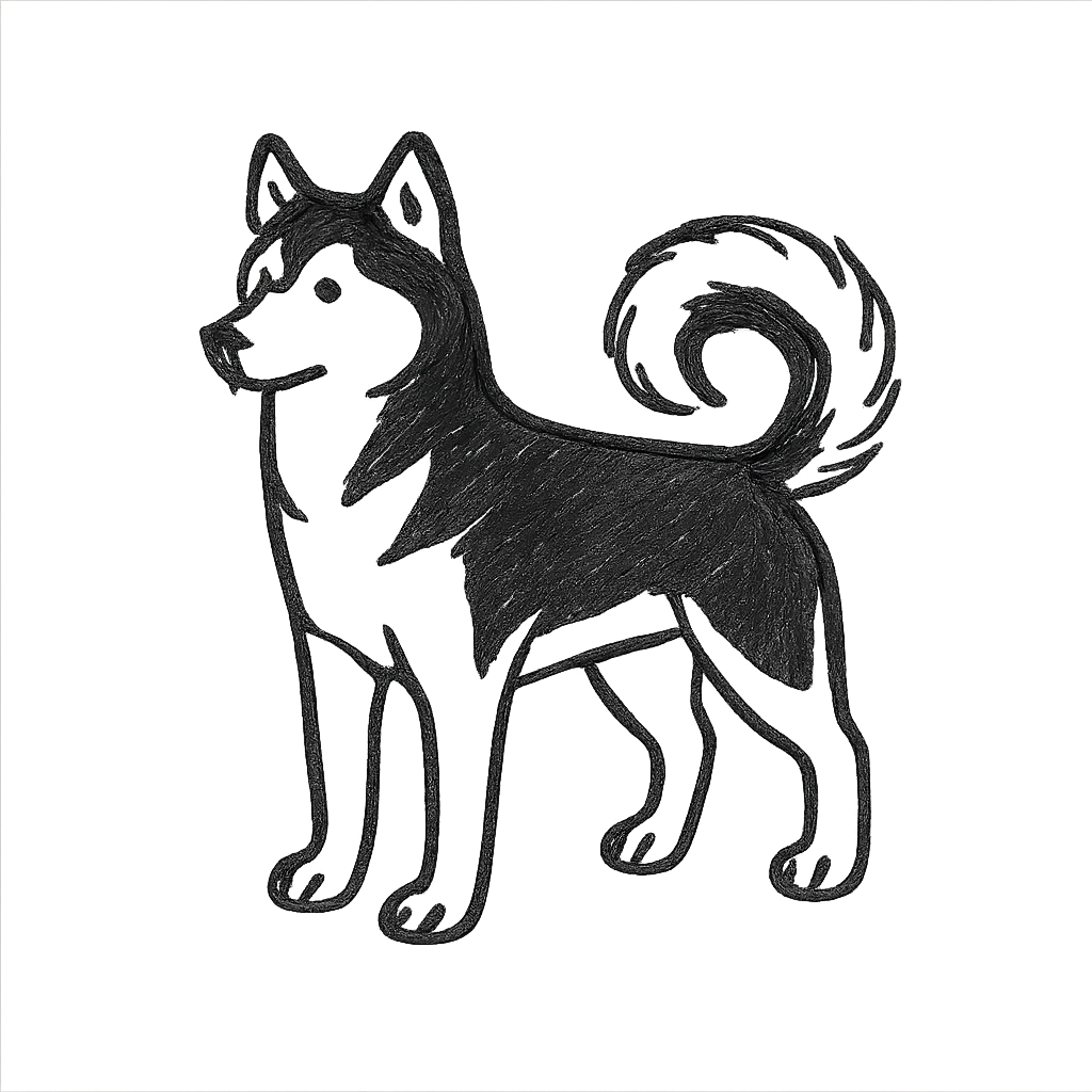 hand drawn outlined icon of a black husky dog, standing, tail curled emoji