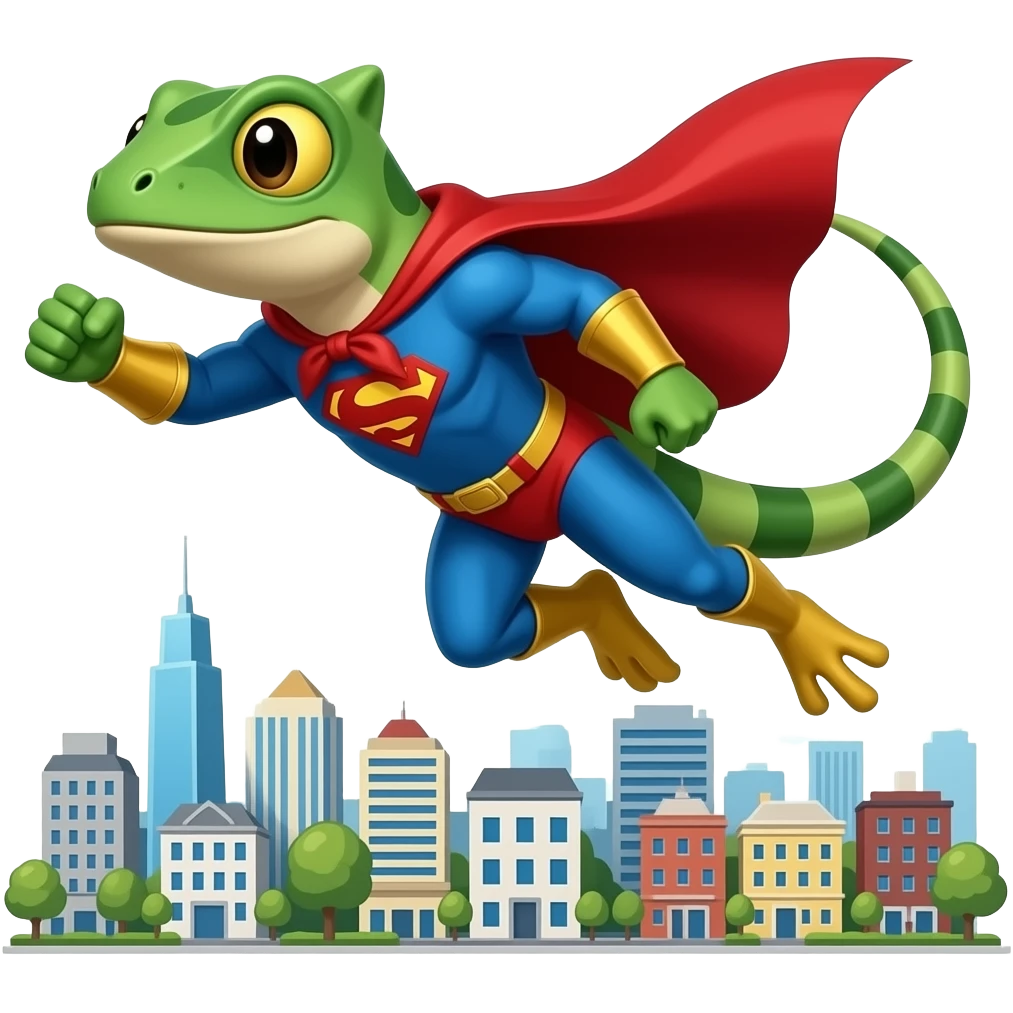 Japnese  Lizard superhero flys around A Cartoon city emoji