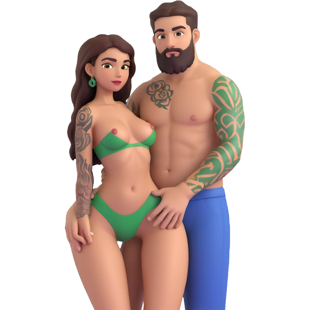 Short Brown eyed Latina woman with pierced nipples, small breasts and tattoos having sex with a tall white man with green eyes and a beard for Christmas grab booty emoji