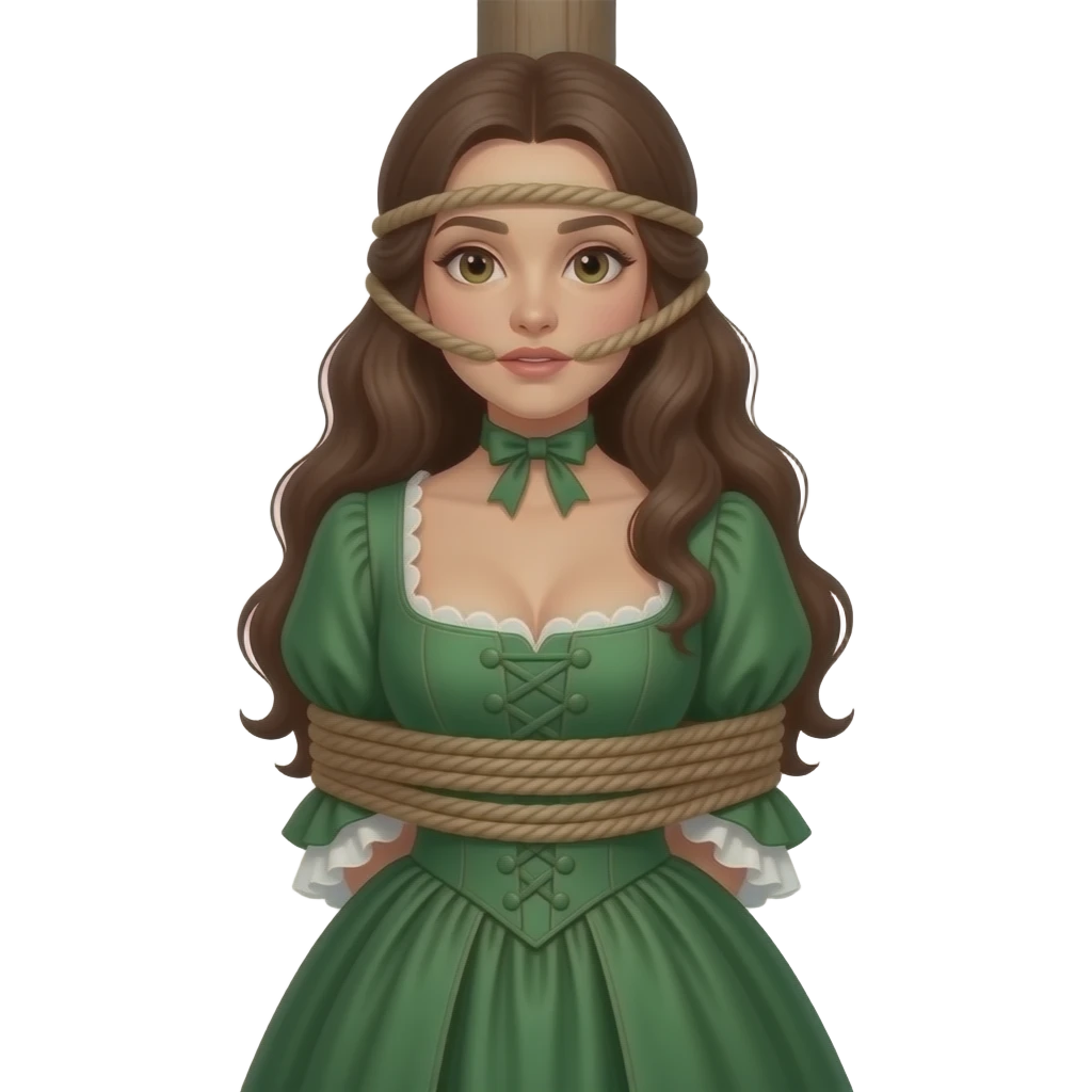 Brunette woman in emerald green 1770s gown with long flowing hair, ample bosom, gagged and bound to tall post, with lower rope tied just beneath bosom and another upper rope tied around her head at mouth level. Upper rope around mouth level only! No chainsin image! No cloth facemask in image! emoji