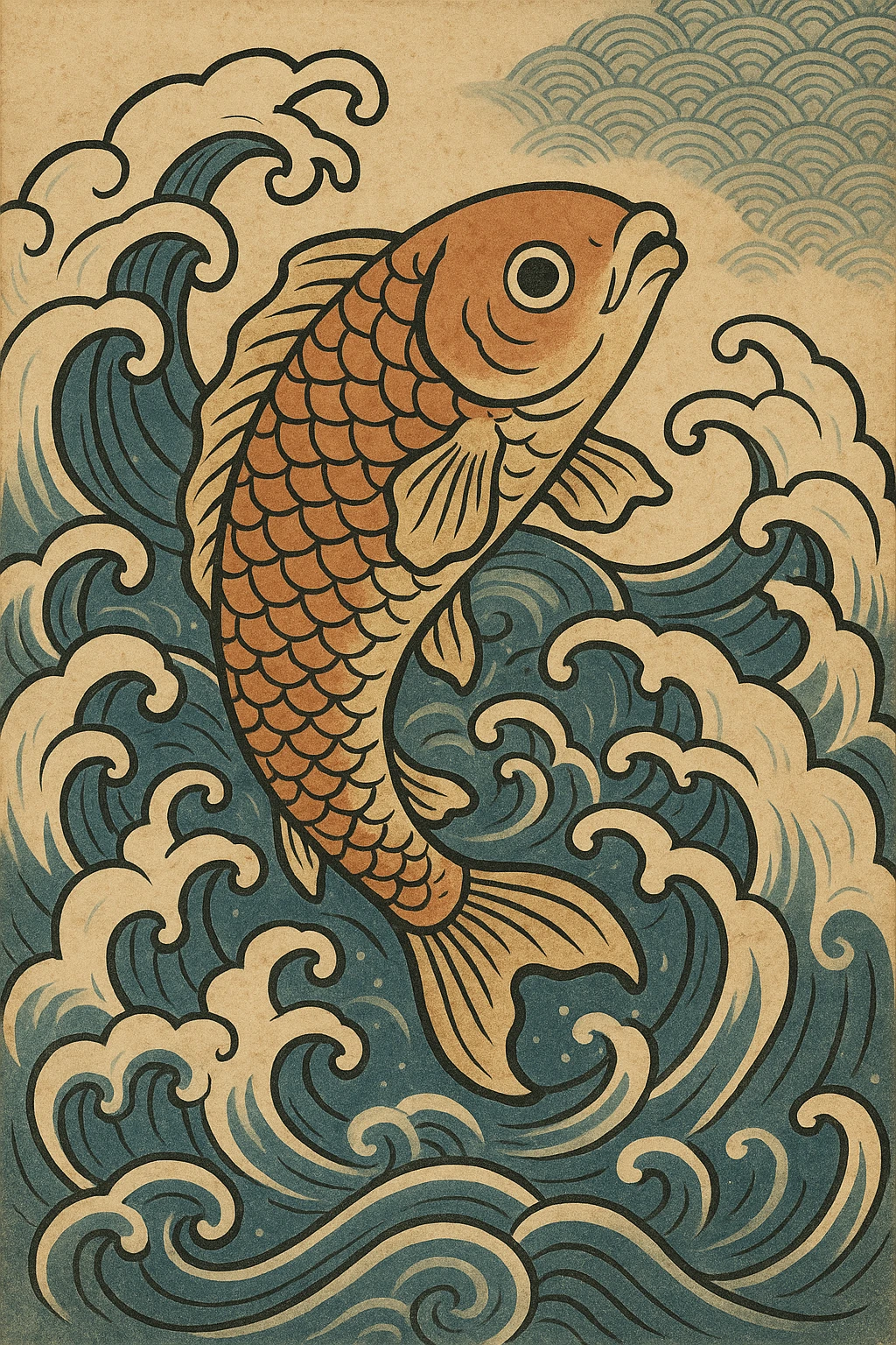 a koi fish swimming in a stylized wave, ukiyo-e style emoji