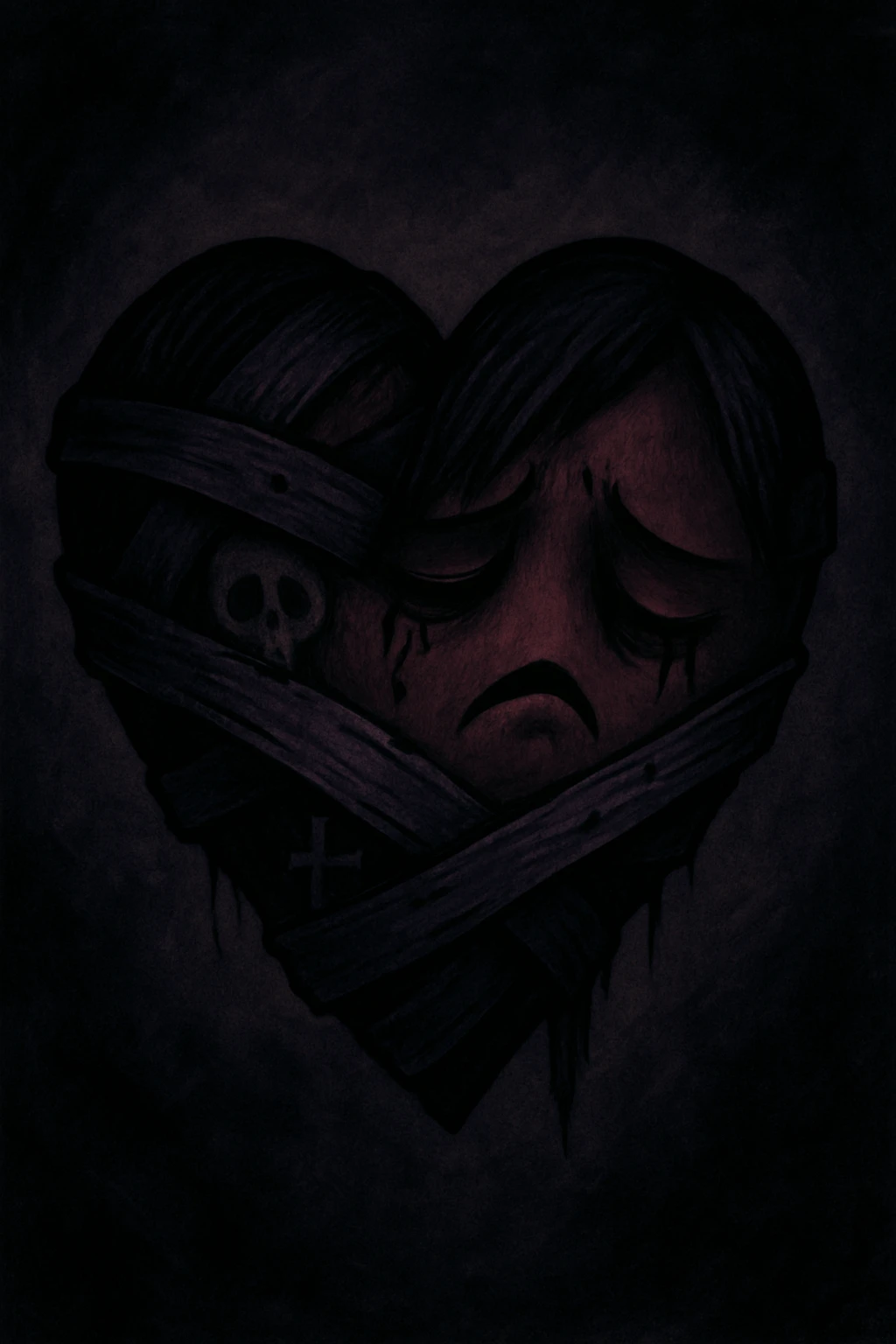 emo heart, bandaged with dark colors, subtle skull or cross motif, emotional expression emoji
