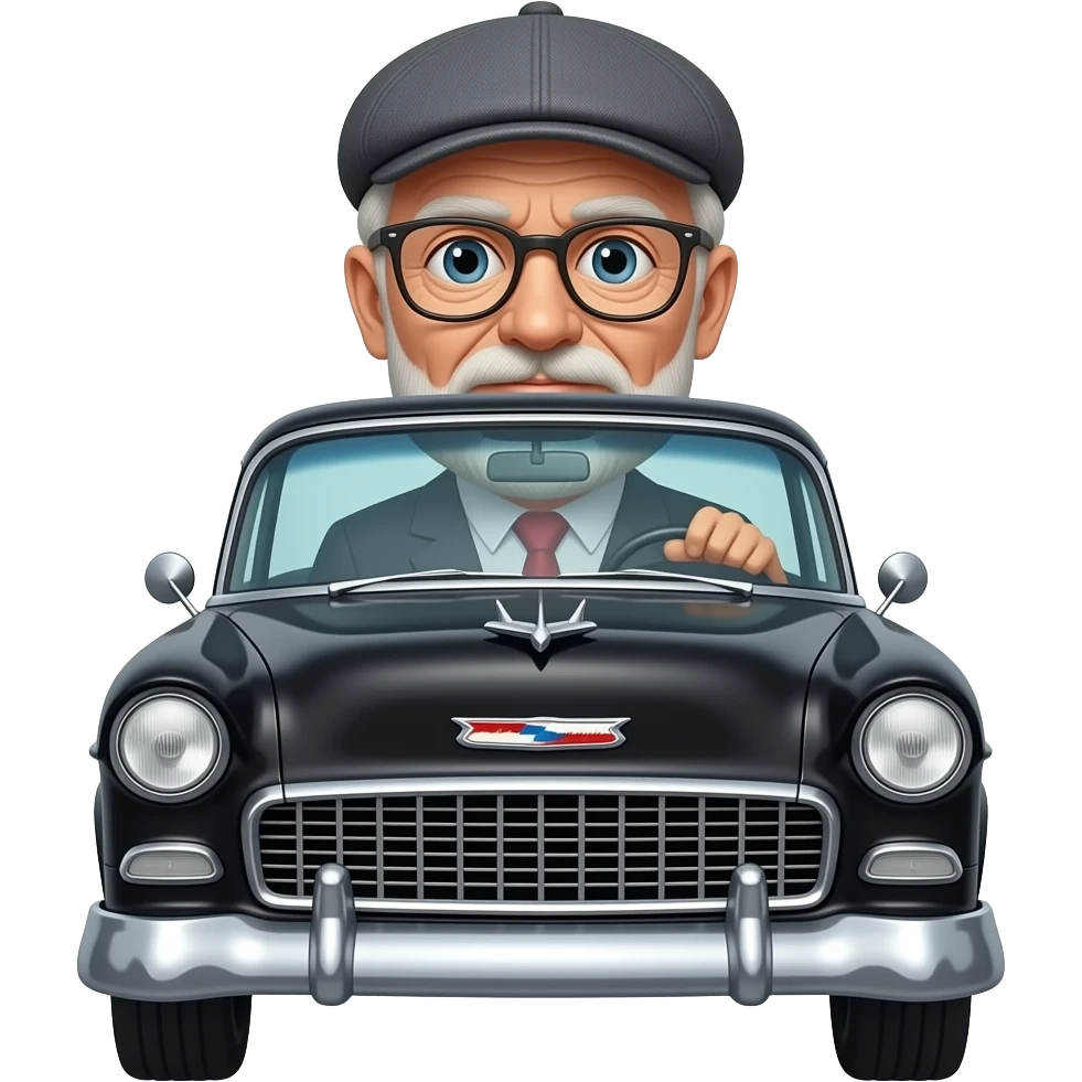 OLD MAN WITH  NO FACIAL HAIR GLASSES AND FLAT CAP DRIVING BLACK 1955 CHEVY WITH emoji