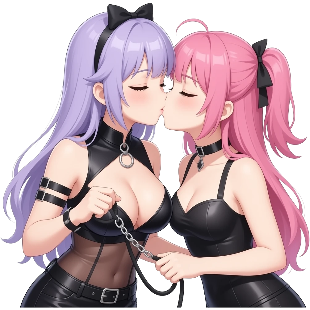 Two anime girls kissing wearing revealing outfits, one on too that has way too big tits and light purple hair and is holding a leash thats tied to the other girl with her eyes closed, and one on the bottom which is wearing a collar and has pink hair and closed eyes emoji