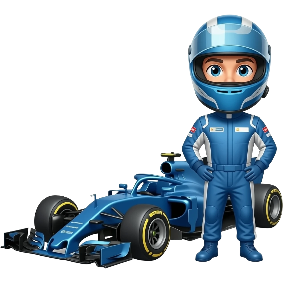 f1 racer posing with blue costume, using blue costume and helmet, with the car emoji