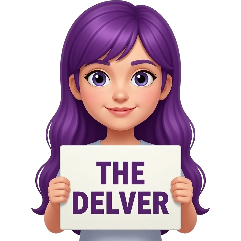 girl with long purple hair with a THE DELVER sign emoji