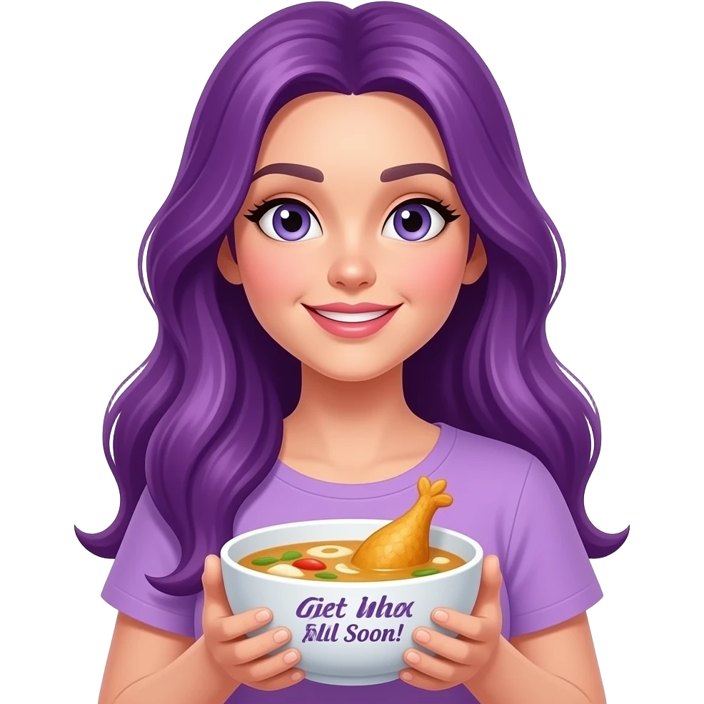 sexy girl with long purple hair holding a chicken soup in her hands and wish get well soon emoji