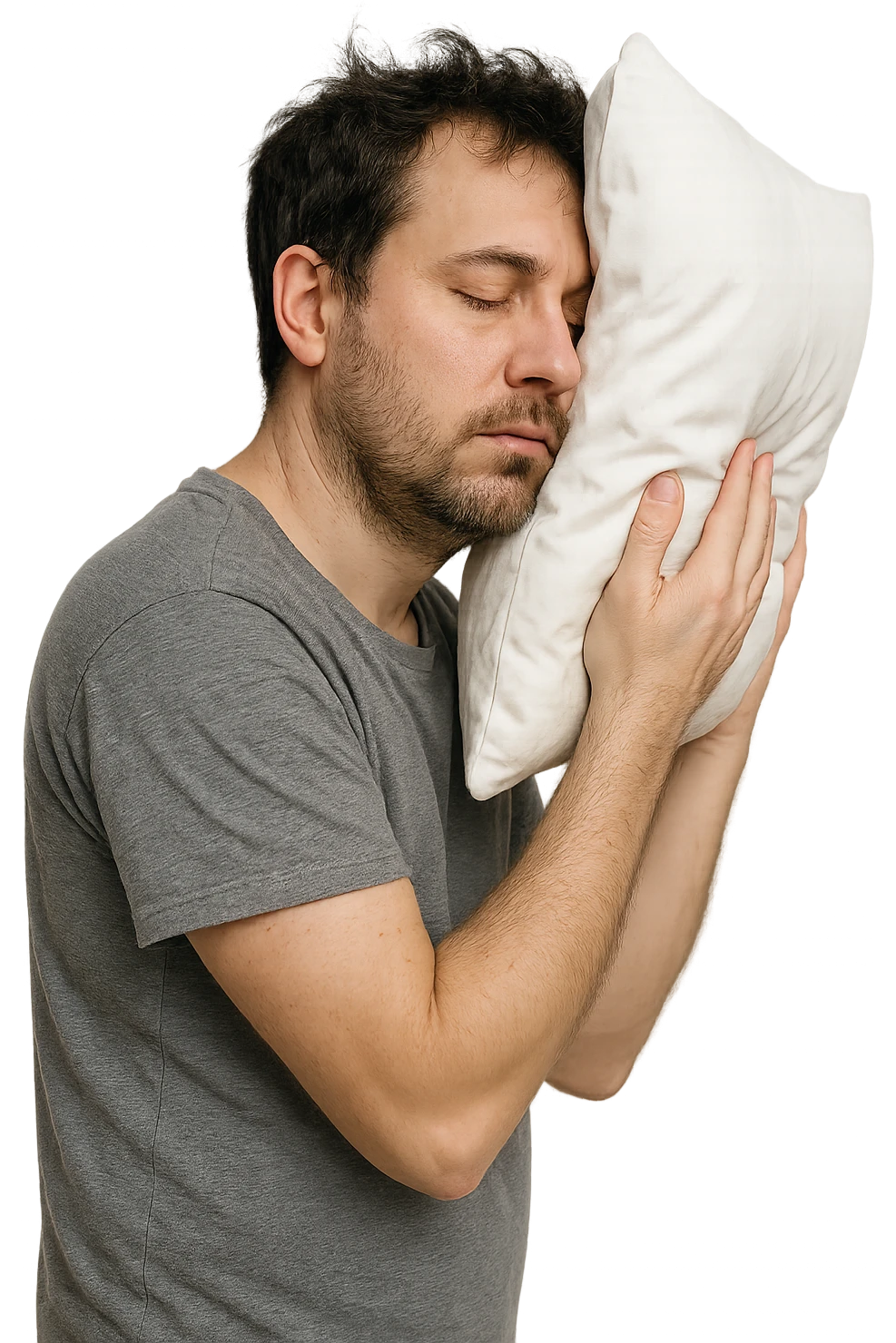 uomo di profilo assonnato che si tiene un cuscino contro la testa, occhi chiusi, iperrealistico 4k, isolato su sfondo bianco emoji