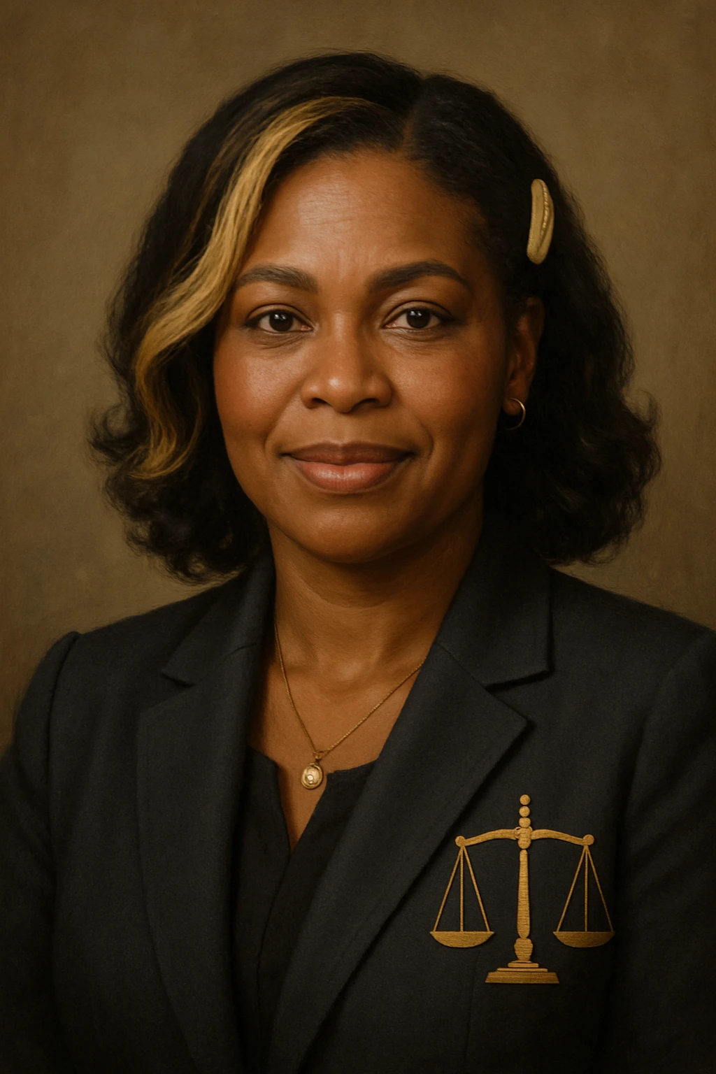 Portrait of a Black female lawyer with blonde highlights and brunette hair, dark blazer, empathetic and confident expression. Direct gaze and subtle smile. Stylized justice scale on the blazer or background. Maternal detail: discreet hair accessory or pendant. emoji
