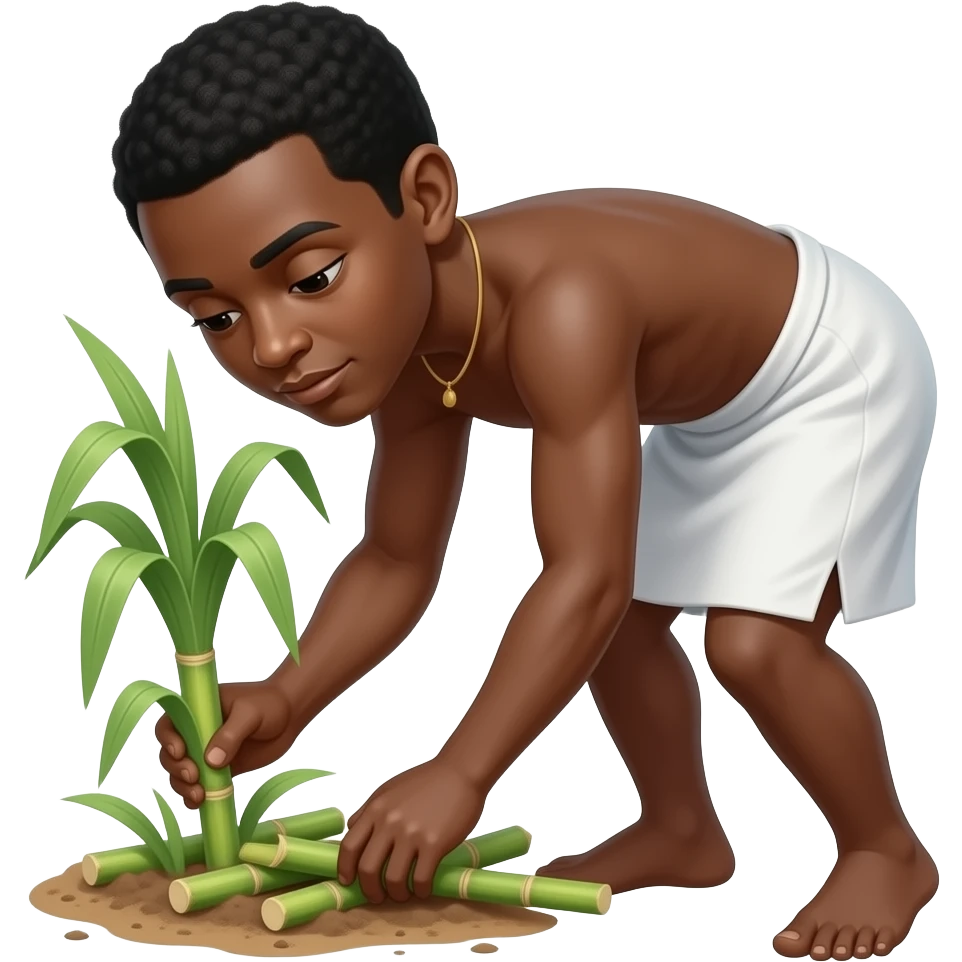 Sad black slave wearing only a white bottom cultivating sugar cane emoji