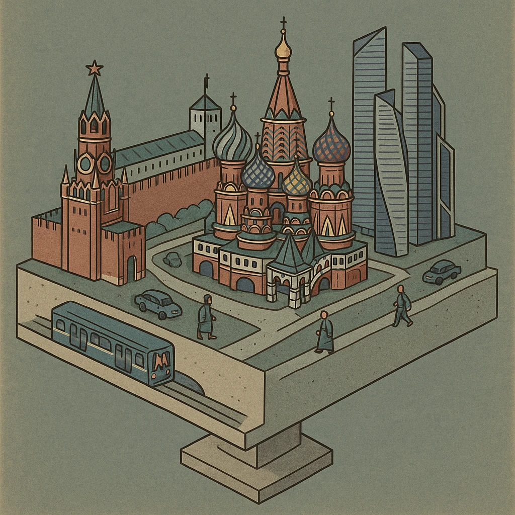Изометричная миниатюрная 3D модель Москвы на подставке - фотореалистичный Кремль, собор Василия Блаженного, фотореалистичный Башни Москва-Сити, аккуратная детализация, яркие цвета, мультяшный реализм, гуляют люди и современный автотранспорт и метро, компактная композиция, вид сверху в изометрии emoji