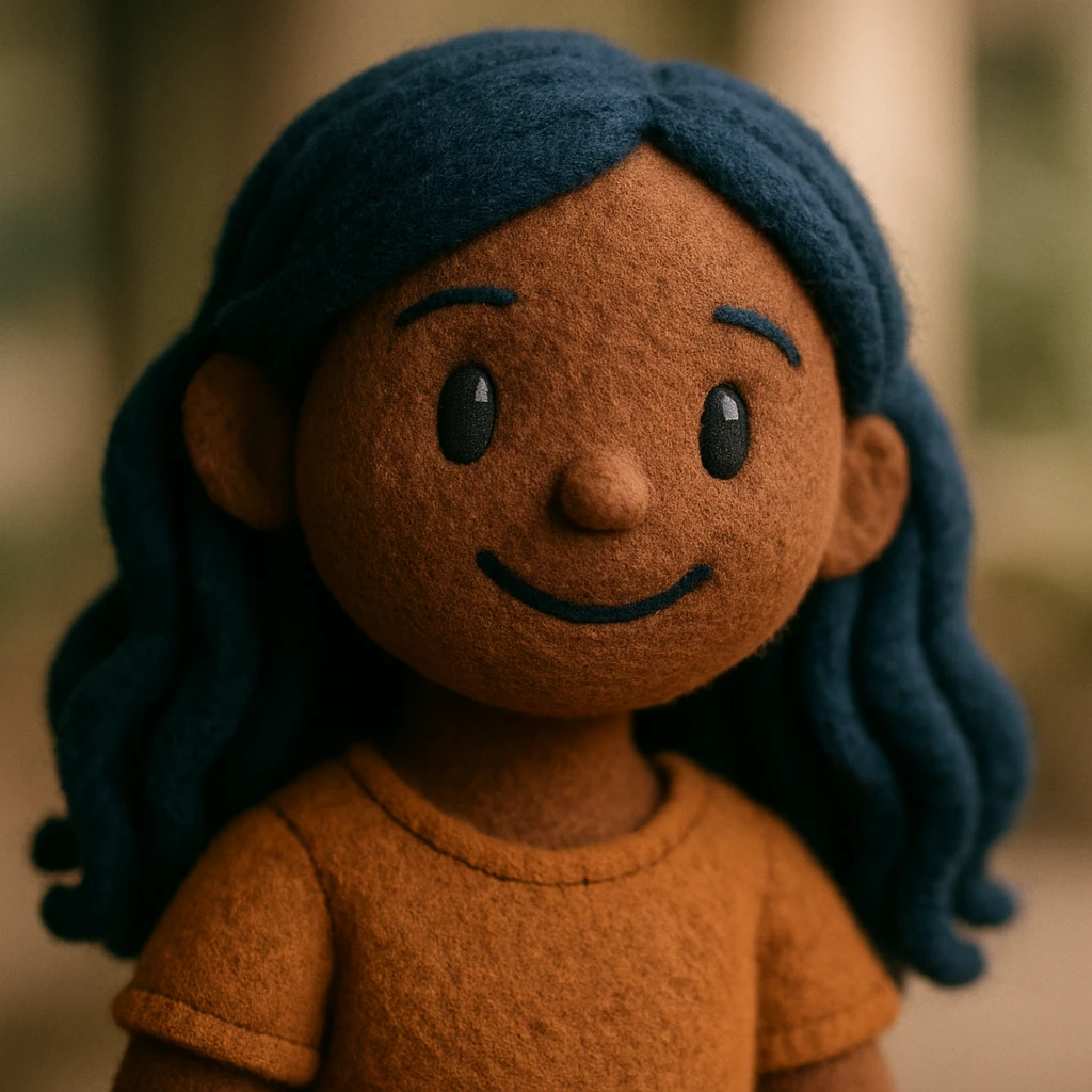 portrait of a dark skinned girl with long wavy blue hair, smiling warmly, friendly and inviting emoji