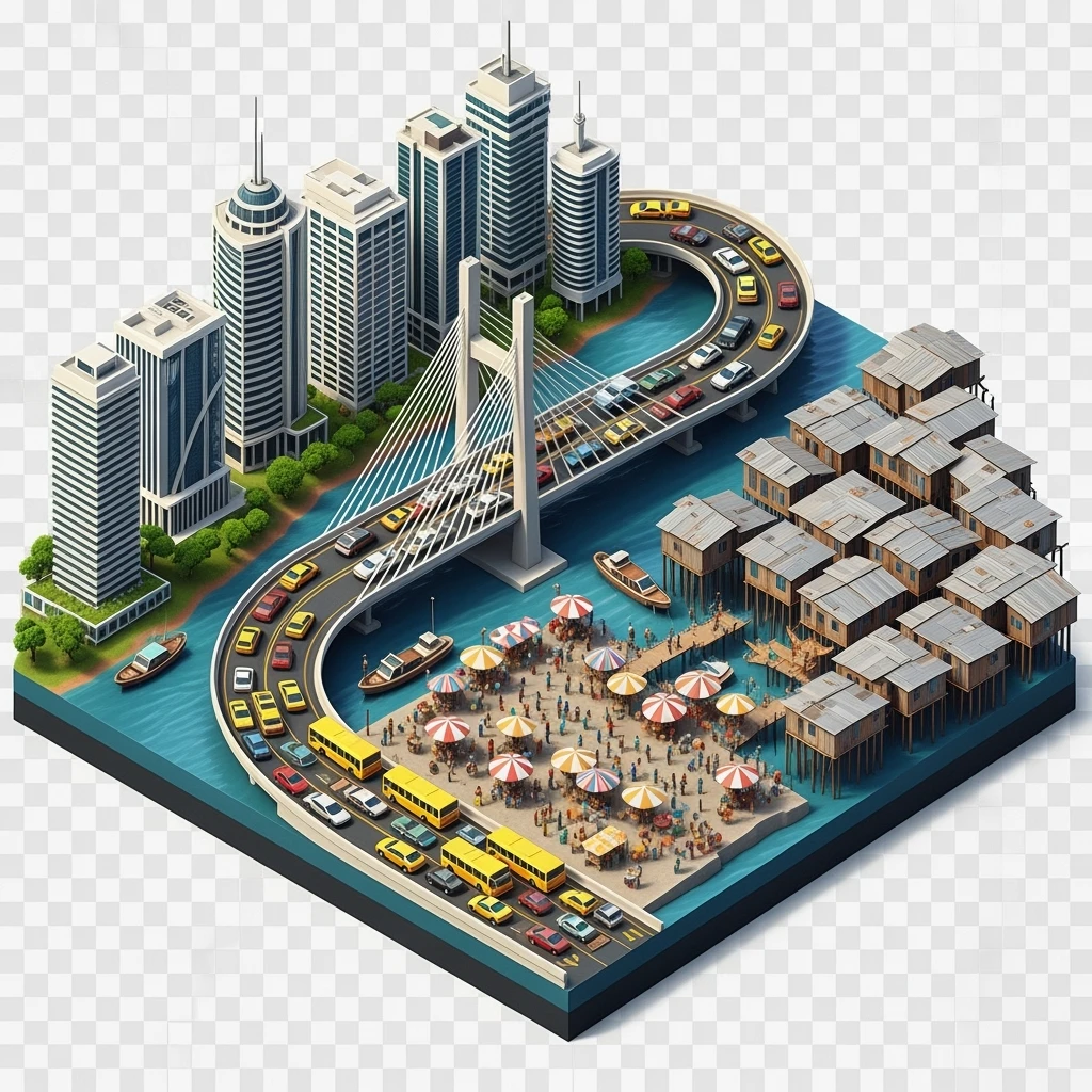 Isometric miniature of Lagos Lekki-Ikoyi Bridge, Eko Atlantic skyscrapers, Makoko slums, tin-roof shacks, chaotic markets, gridlocked traffic, 3D miniature effect and Tilt Shift effect, no cartoonish look, transparent background, don't cut angles emoji