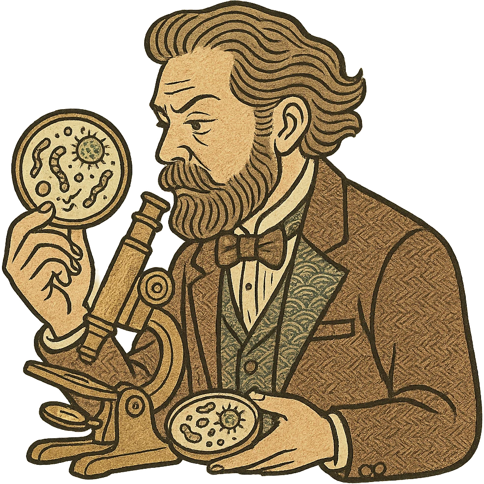 a victorian scientist with a microscope and petri dish full of germs emoji