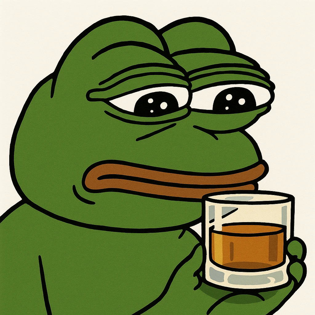 Pepe the Frog examining a whiskey glass thoughtfully, in pepe meme style emoji