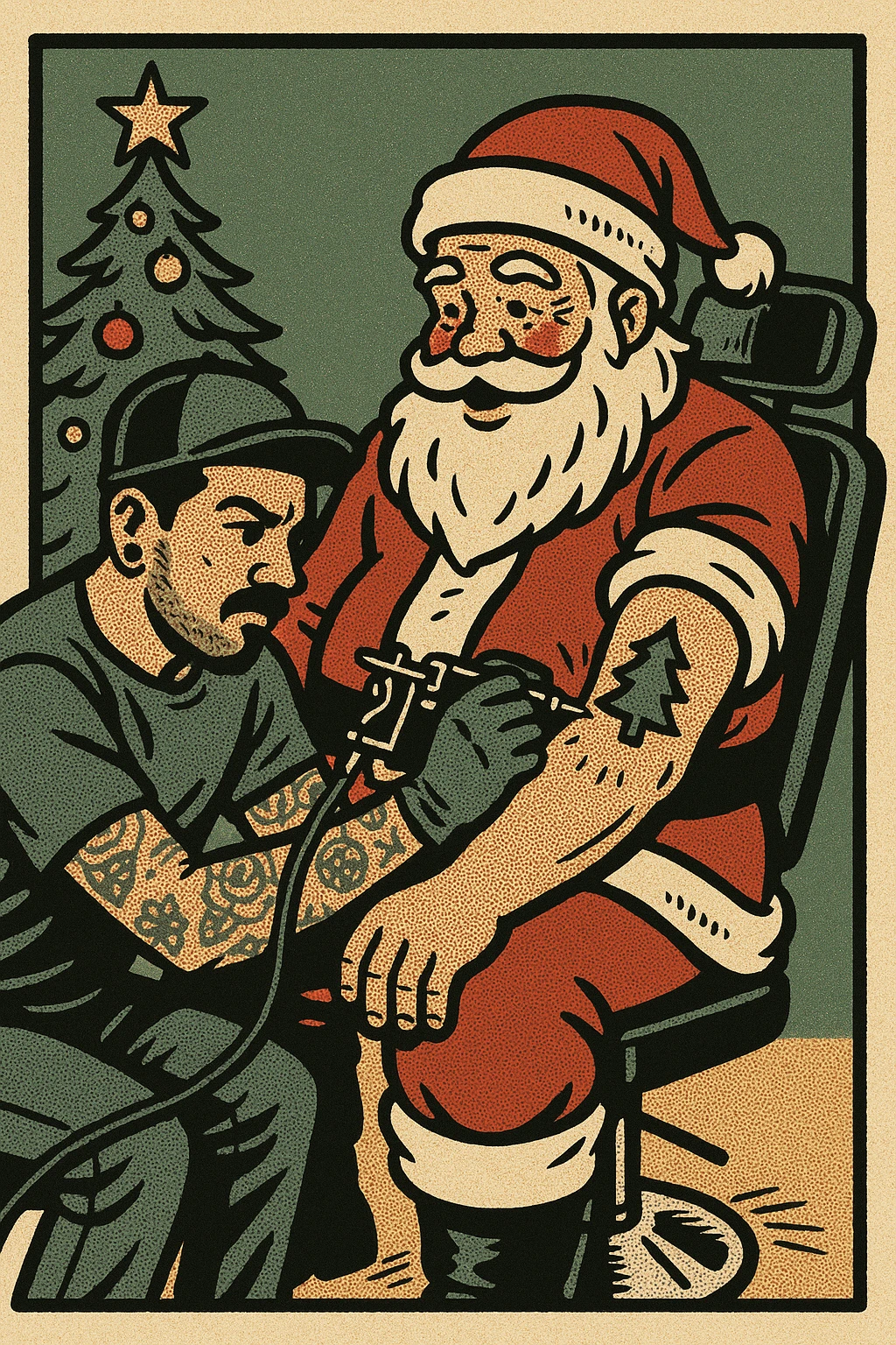 A Christmas scene in a tattoo parlor with Santa getting a tattoo emoji