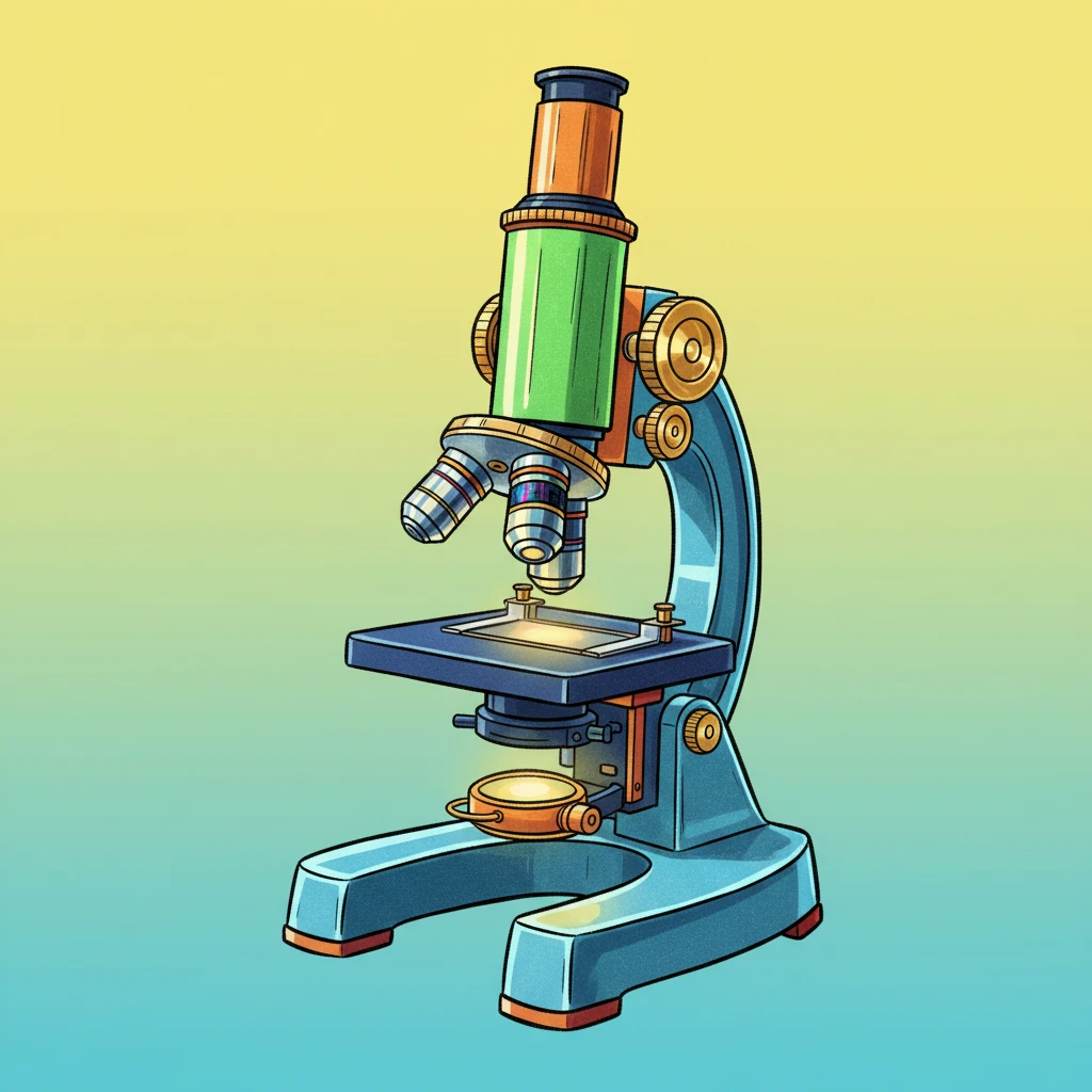 Сгенерируй мне микроскоп в рисованном, ярком стиле, на однородном фоне, он должен быть металлический, выглядеть серьезно, но при это ярко emoji
