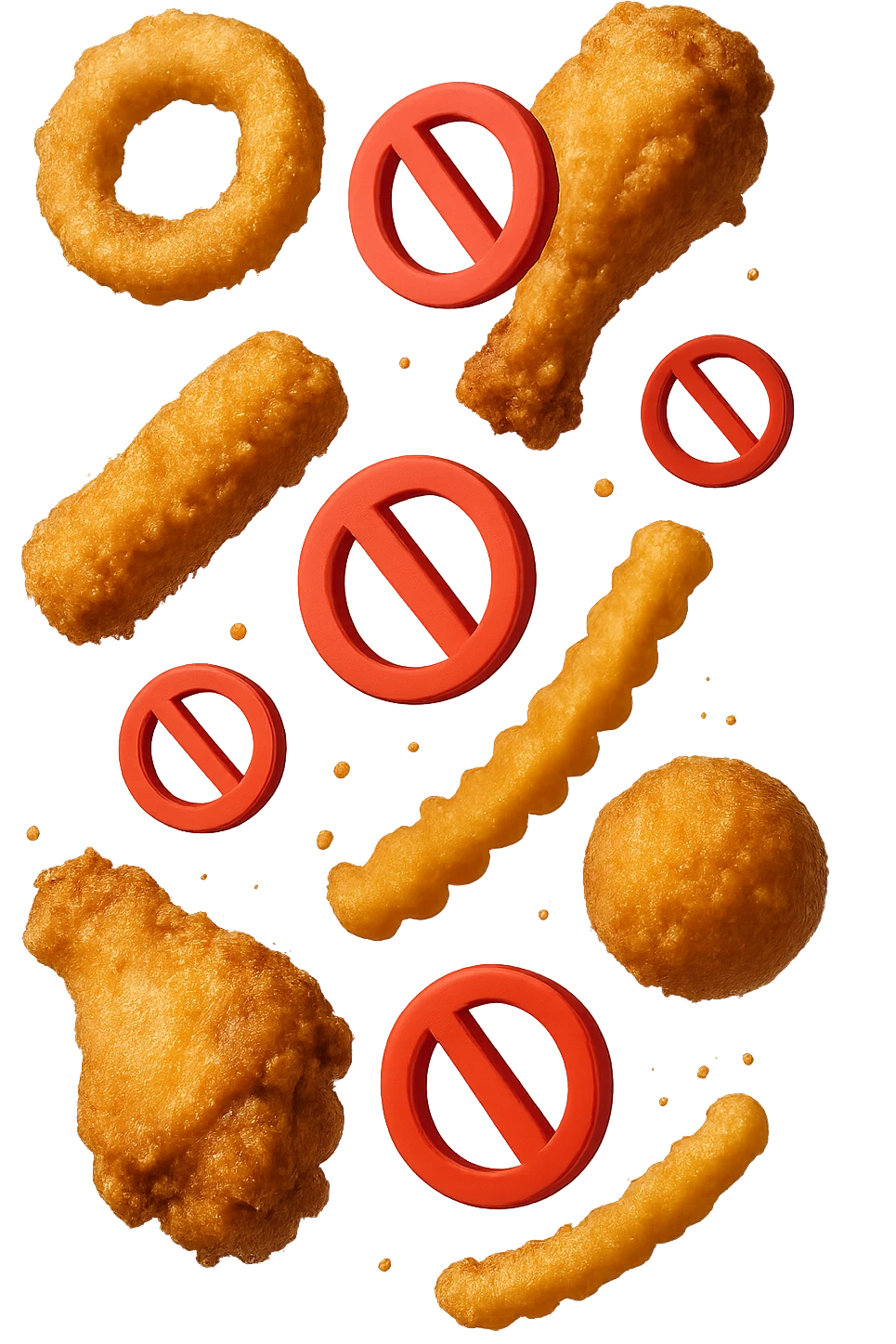 cibi fritti cadono verticalmente dall'alto con piccoli divieti in 3d, iperrealistico 4k emoji