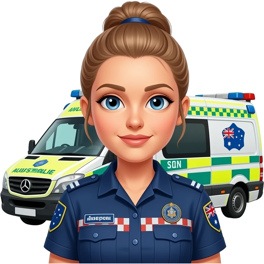 Light brown hair in a high top pony tail, female,Blue eyes Australian Paramedic with the Ambulance emoji