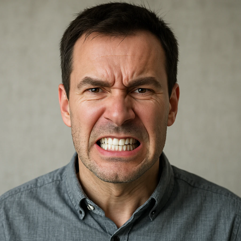 realistic man gritting teeth with tense or stressed expression, clear and informative atmosphere emoji
