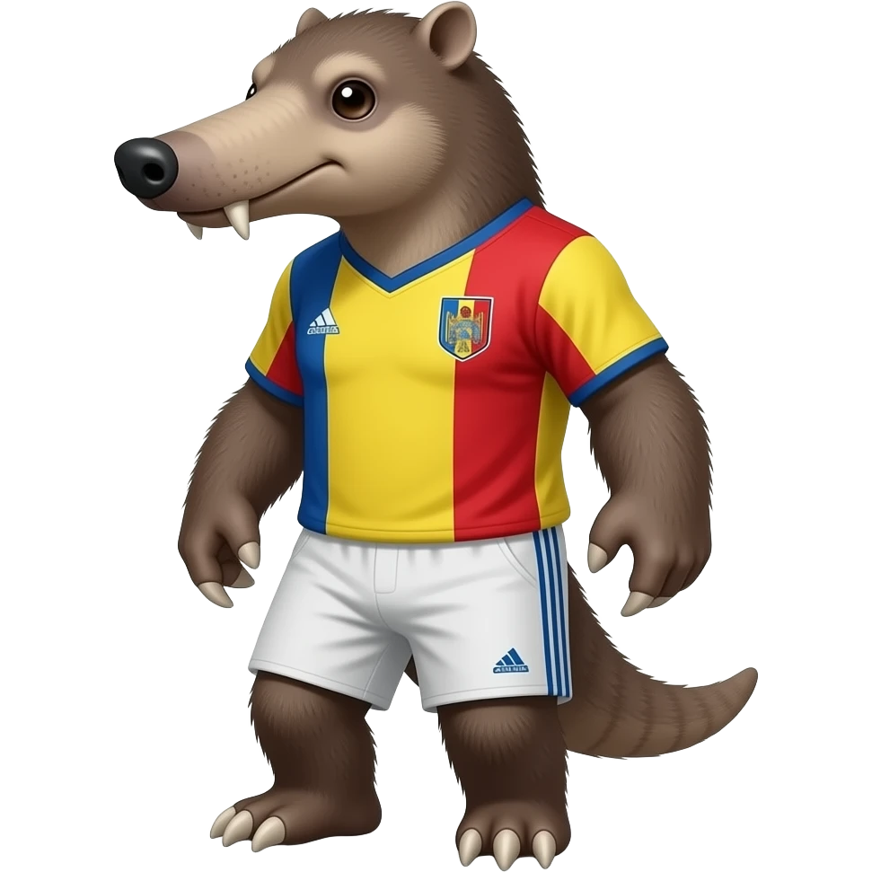 Un perezoso terrestre prehistórico con los ojos separados con forma de persona con la camiseta de la seleccion de Rumania emoji