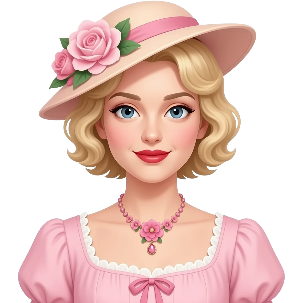 Victorian look with blonde short tight curls bob hair side swept in a light pink Victorian dress, antique pink flowers necklace and light pink Victorian hat with flowers, red lipstick emoji