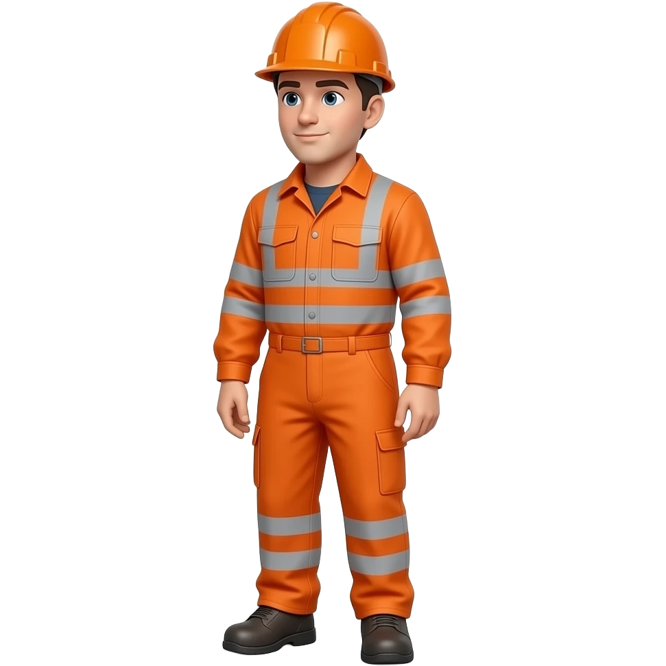 engineer standing full hi vis orange overalls with sleeves, no hard hat, looking left emoji
