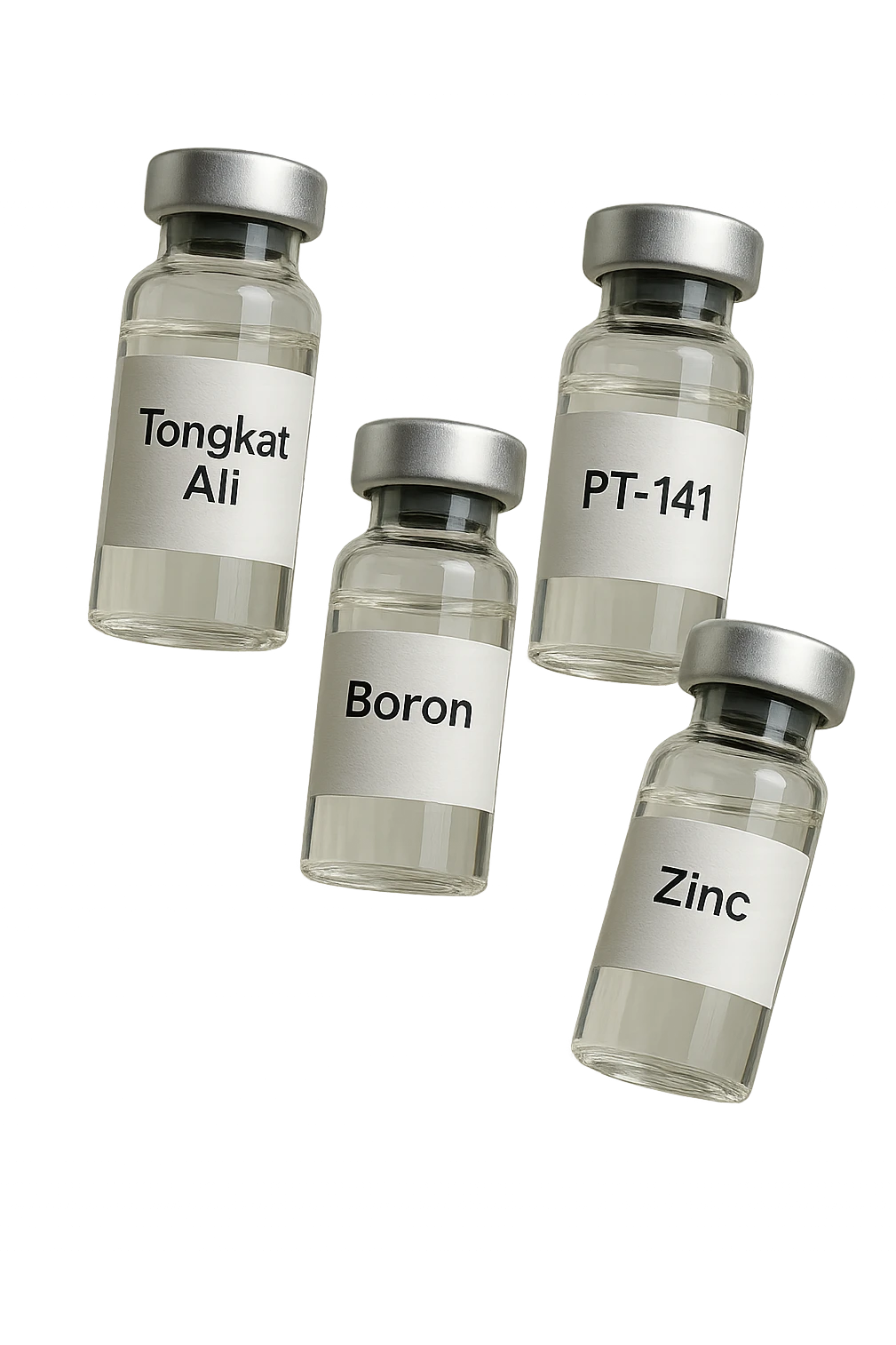 3 fiale mediche: Tongkat Ali, Fadogia Agrestis, PT-141, Boron e Zinco fluttuano in aria verticalmente emoji