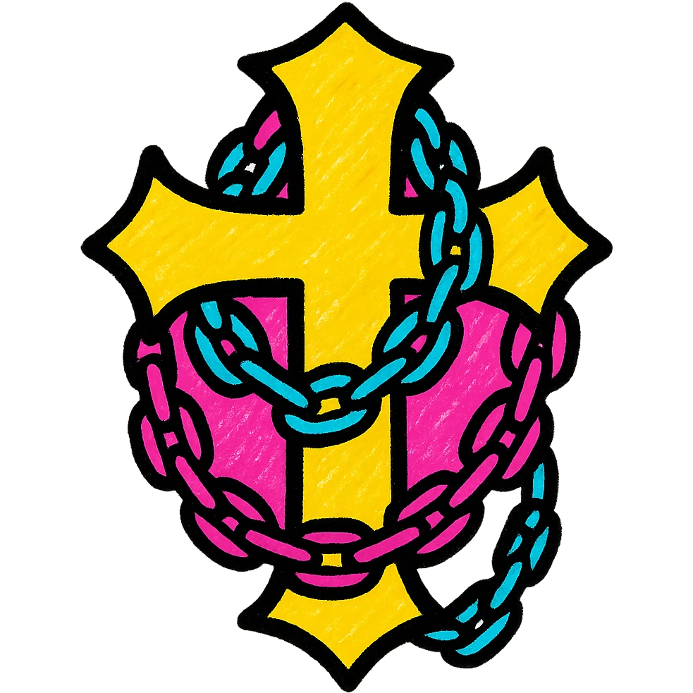goth cross with chains, vibrant pop colors style emoji