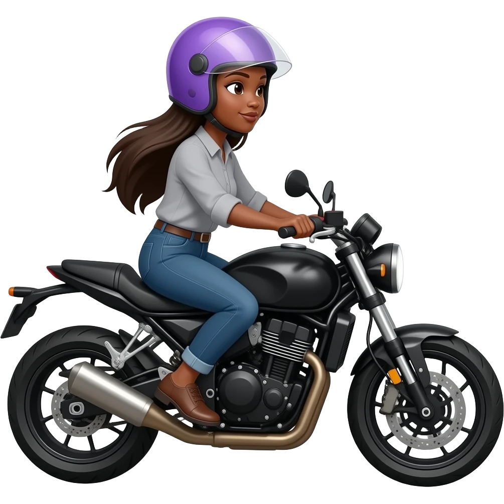 Mujer de tez morena de cabello lacio largo con blusa gris con casco color lila ven moto negra emoji