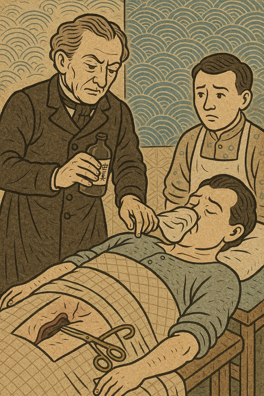 A victorian surgeon using chloroform as an anaesthetic on a patient during an operation emoji