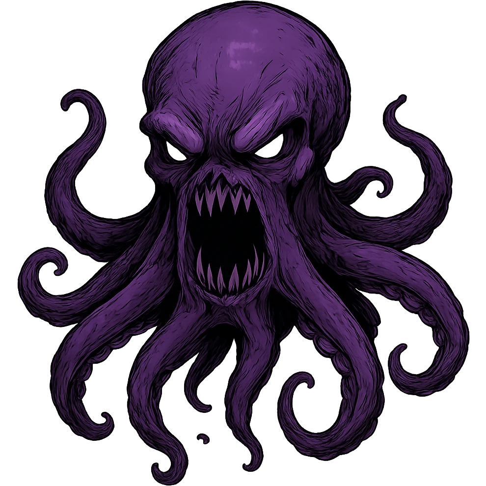 Remove the nose, make the octopus look scary, keep the purple color, with no background. Maintain the original style and details of the octopus while making it look scary and purple. emoji