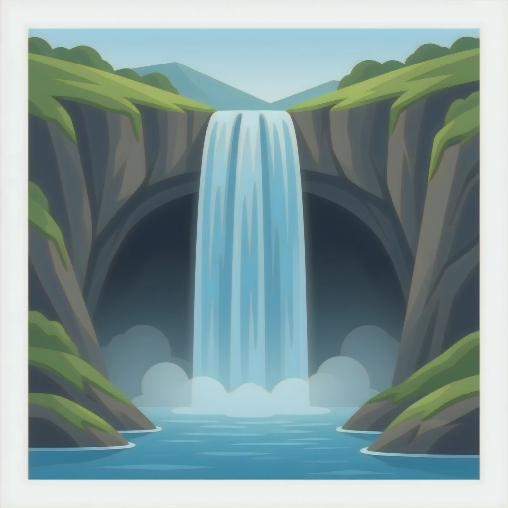 hidden cave under a high waterfall with the water splitting in two like a curtain emoji