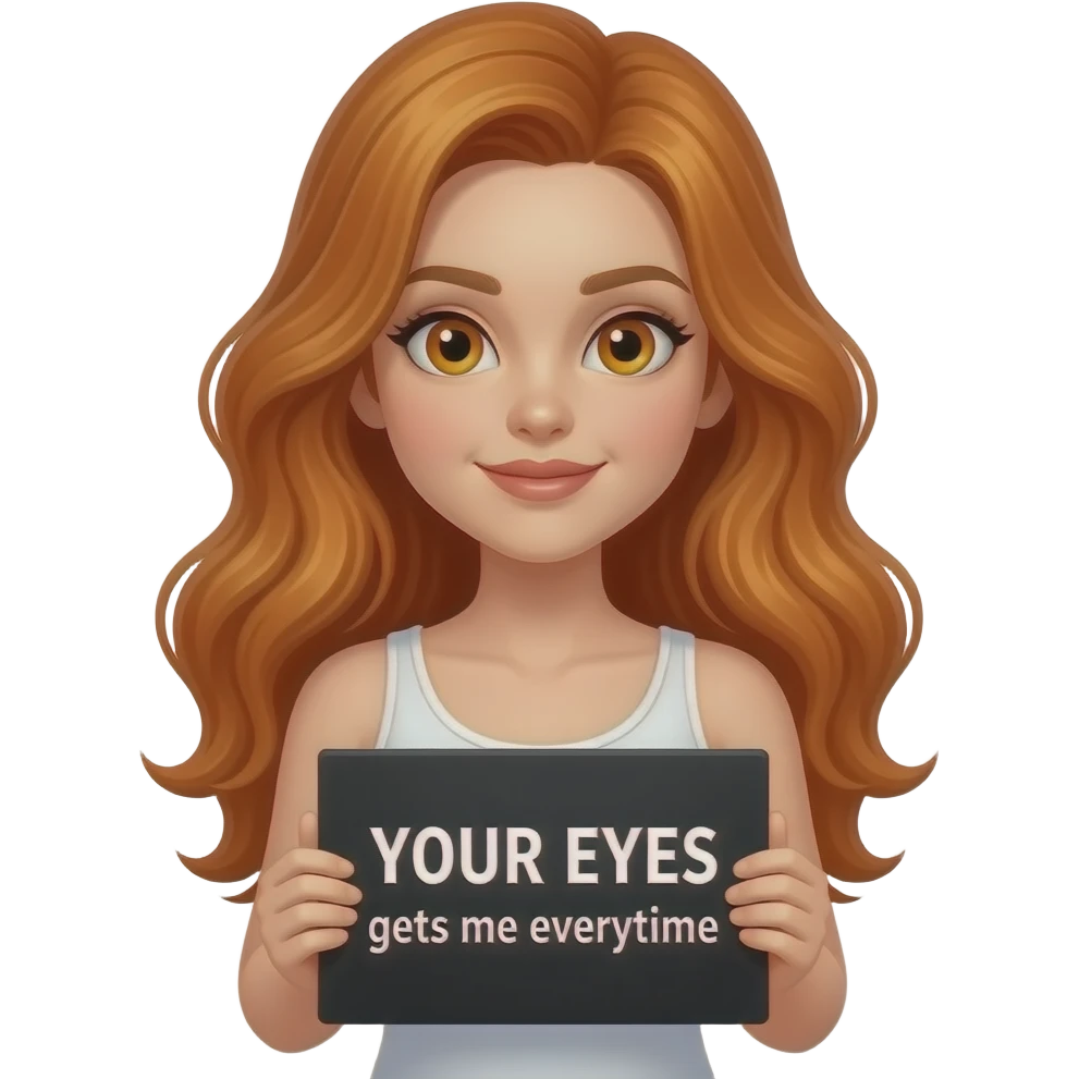 sexy girl with long wavy ginger hair and ginger eyes wearing a white tanktop is holding a black colored sign with YOUR EYES gets me everytime written on it emoji