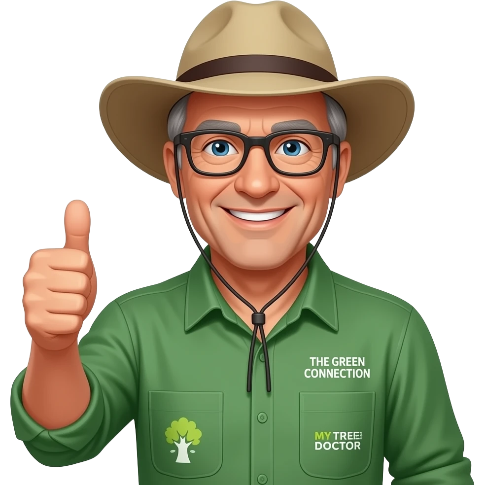 wide-smiling middle-aged man blue eyes. Dark rectangle glasses, green-collared, long-sleeve shirt, thumbs up.  Wide-brim Australian Akubru hat.  Insert 'THE GREEN CONNECTION' in white directly onto the right side pocket & 'MY TREE DOCTOR' onto the left side pocket emoji