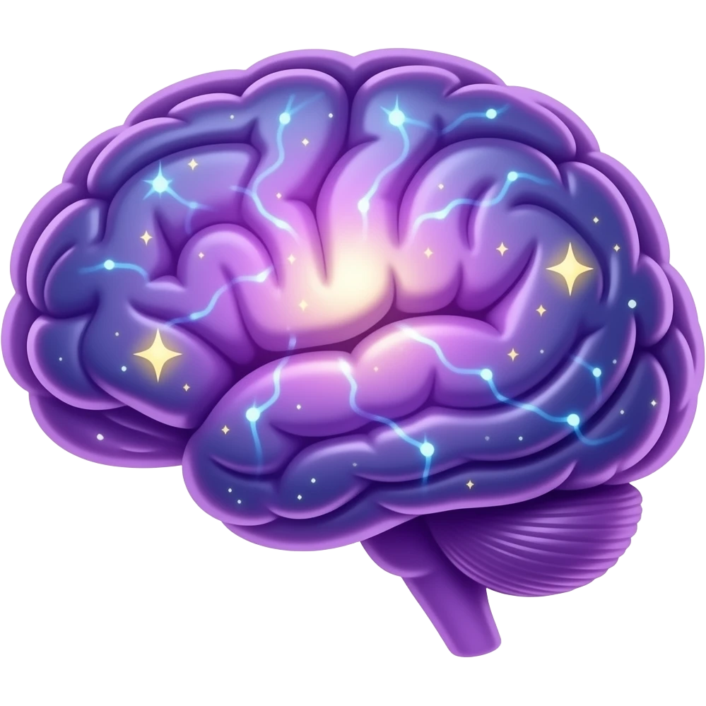 OS-style emoji: purple brain shaped like a mini galaxy, glowing neural connections, tiny stars and sparkles inside, futuristic and cute, transparent background emoji