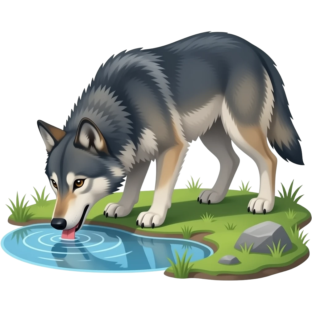 Hazme un rio con un lobo bebiendo del lago. El lobo tiene que tener mucha barriga. emoji