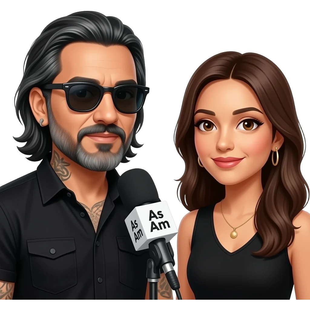 A podcast host, a handsome Latino man with medium hair, a graying beard, tattoos, hoops in his nose and ear, all in black with sunglasses, interviews a woman in front of a microphone with a logo reading "As I Am." emoji