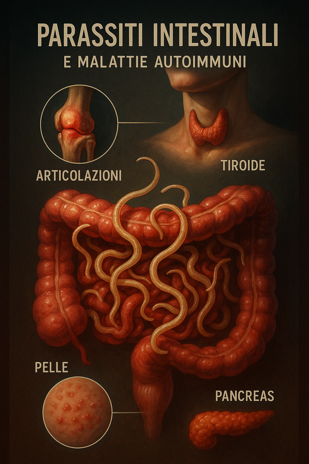 Vertical, realistic, and cinematic illustration in Italian showing intestinal parasites in a very vivid and dramatic way with realistic details and vivid colors. Highlight the affected organs (joints, skin, thyroid, pancreas, intestine) and add captions in Italian linking the parasites to autoimmune diseases. Clinical atmosphere with dramatic lighting and natural depth. Aspect ratio 2:3. emoji