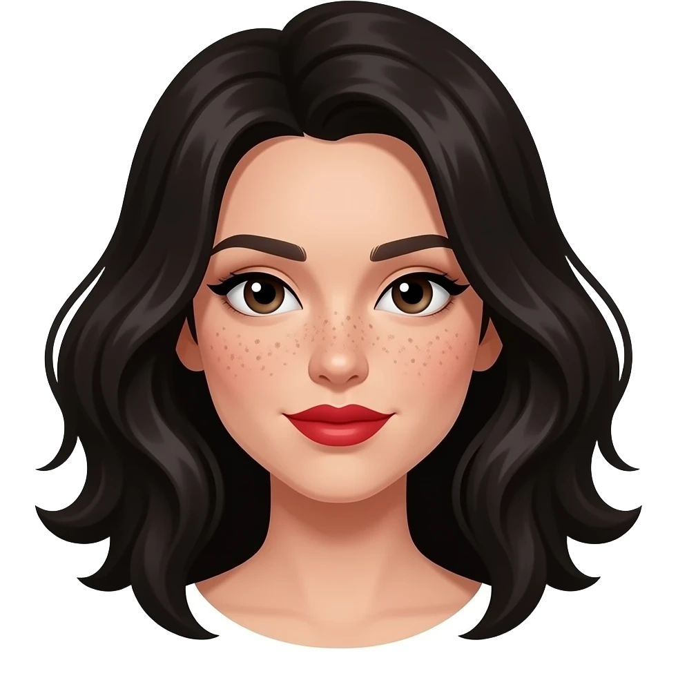 vector-style avatar of a woman named Iris, centered, solid black background, wavy shoulder-length dark hair, fair skin with distinct freckles across her cheeks, and bold red lips. emoji