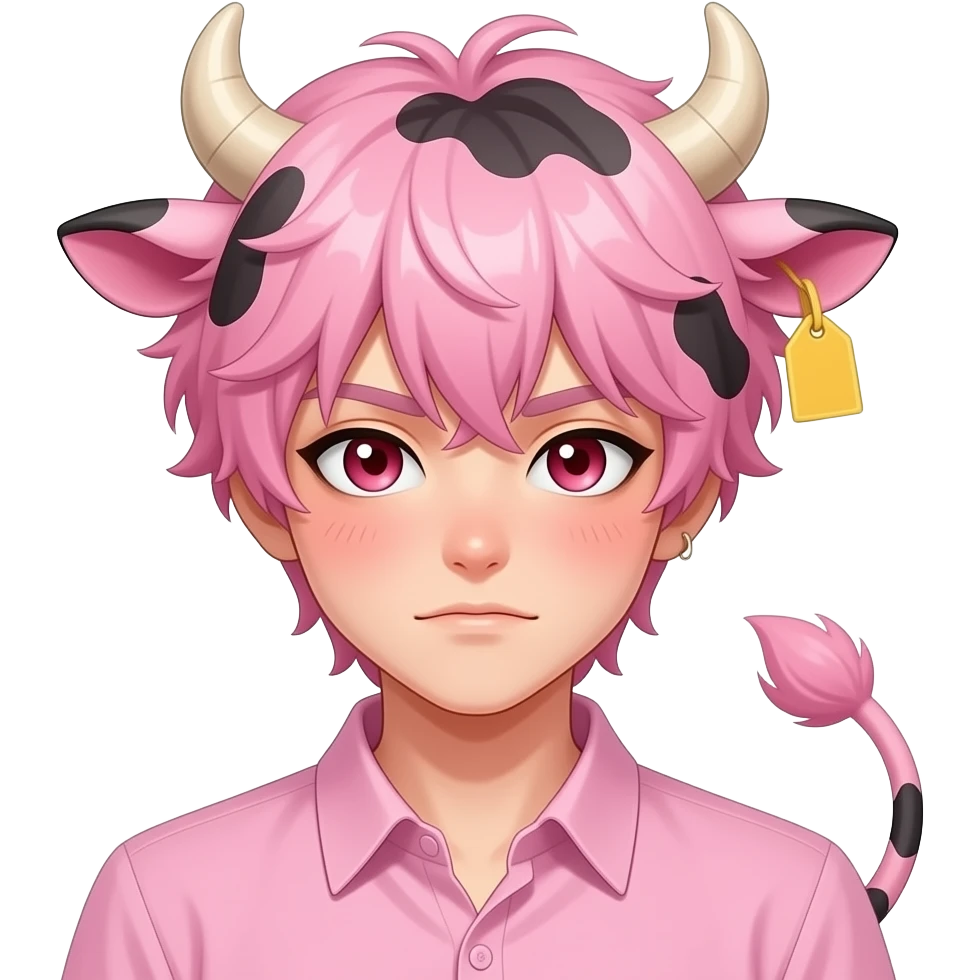 anime femboy with languid expression on the face  with messy cotton candy pink curvy bangs with cow horns and pink cow ears with pink cow tail with white eyelashes and blus with yellow tag in his cow ear a bright red blush on his cheeks emoji